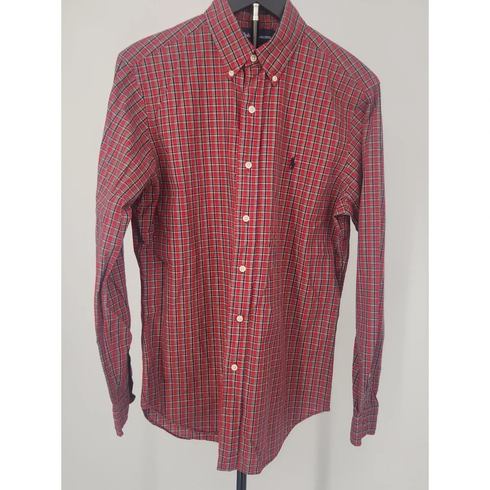 Ralph Lauren Mens Red Plaid Button Down Shirt Custom Fit Small Long Sleeve